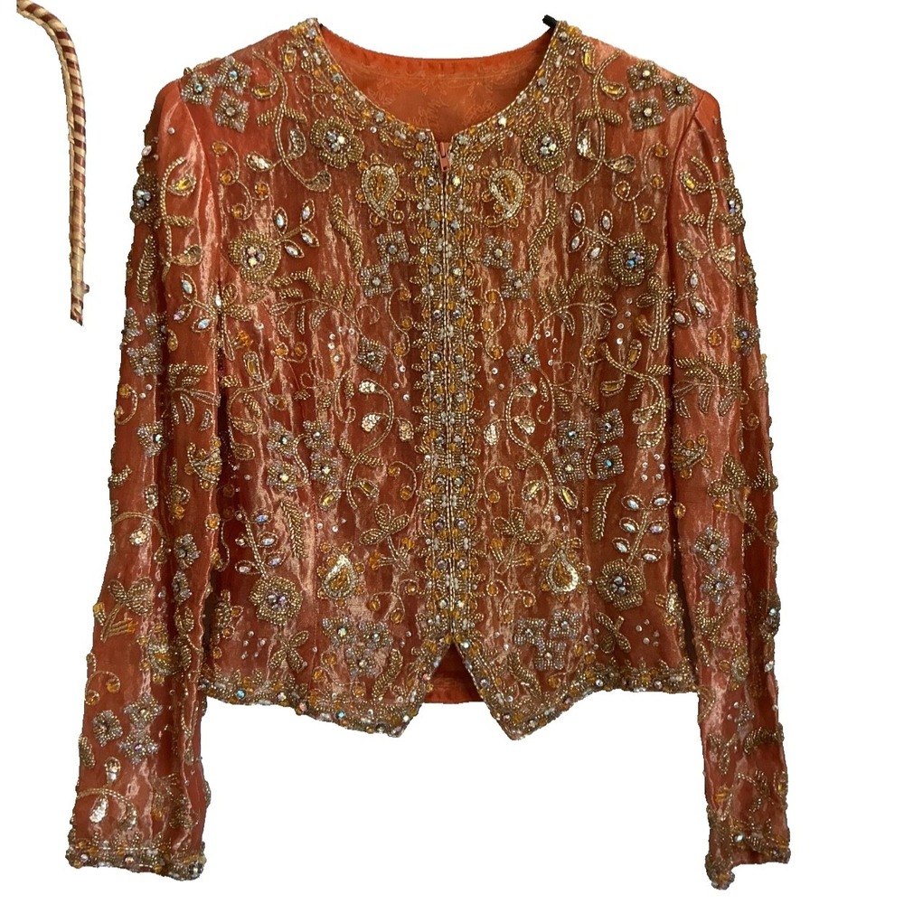 Vintage Orange Silk Gold Sequin Heavily Embellished Beaded Jacket Womens sz S/M